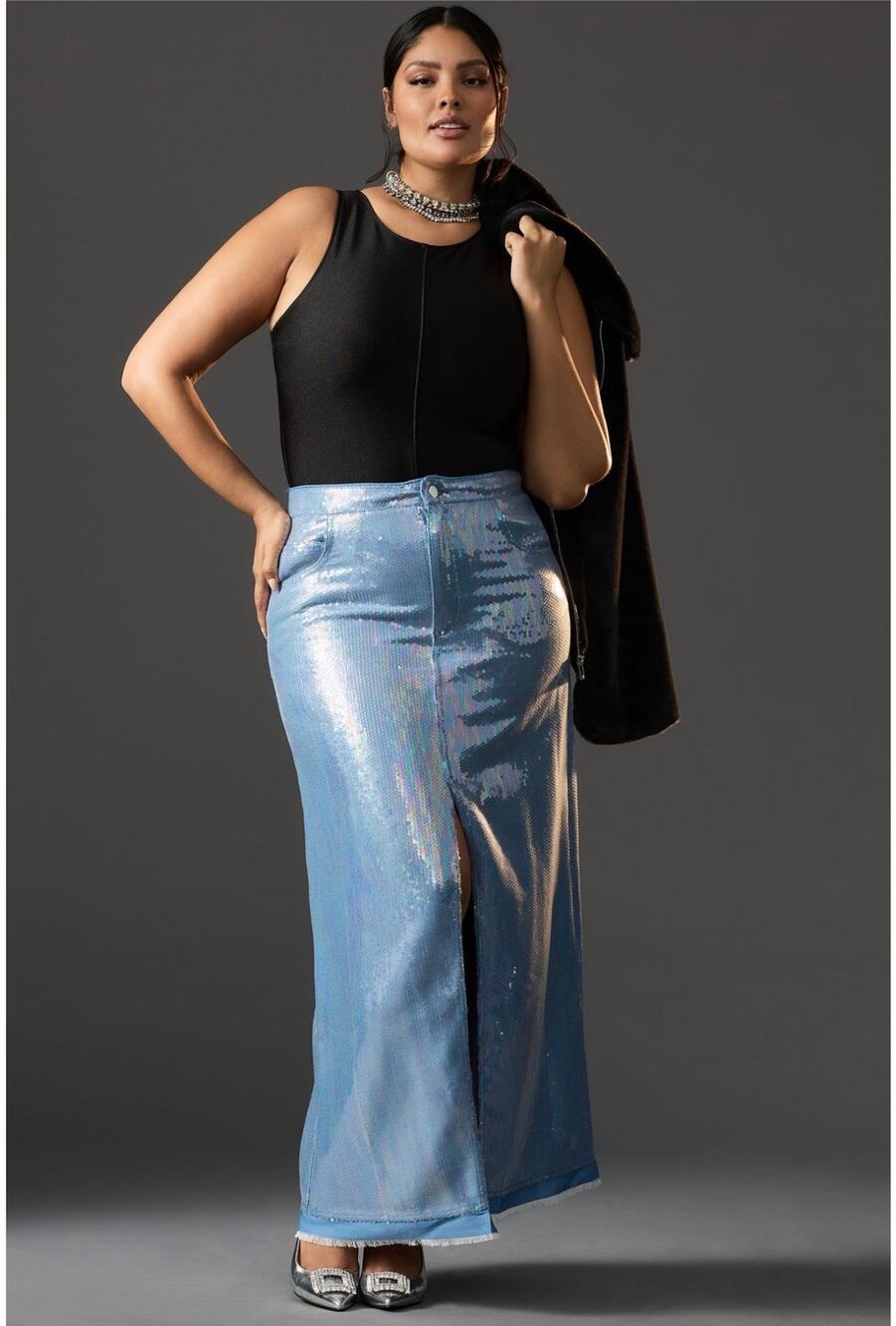 Anthropologie Pilcro Sequin Denim Maxi Skirt in Sky Blue US 12